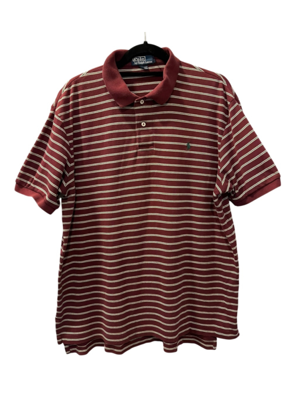 Vintage 90s Polo Ralph Lauren Maroon White Striped Short Sleeve Shirt Mens Large